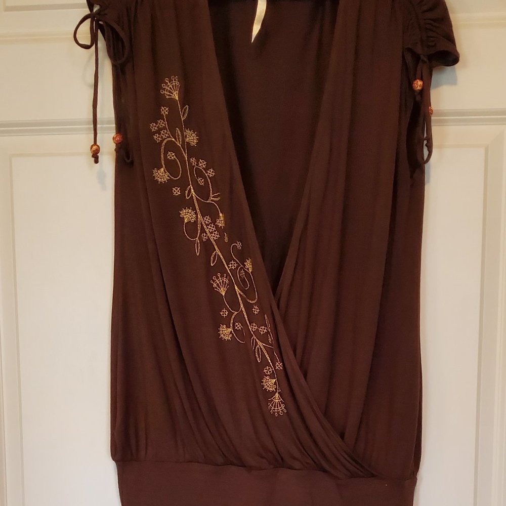 To The Max Brown Wrap Floral Gold Laymay Design Top